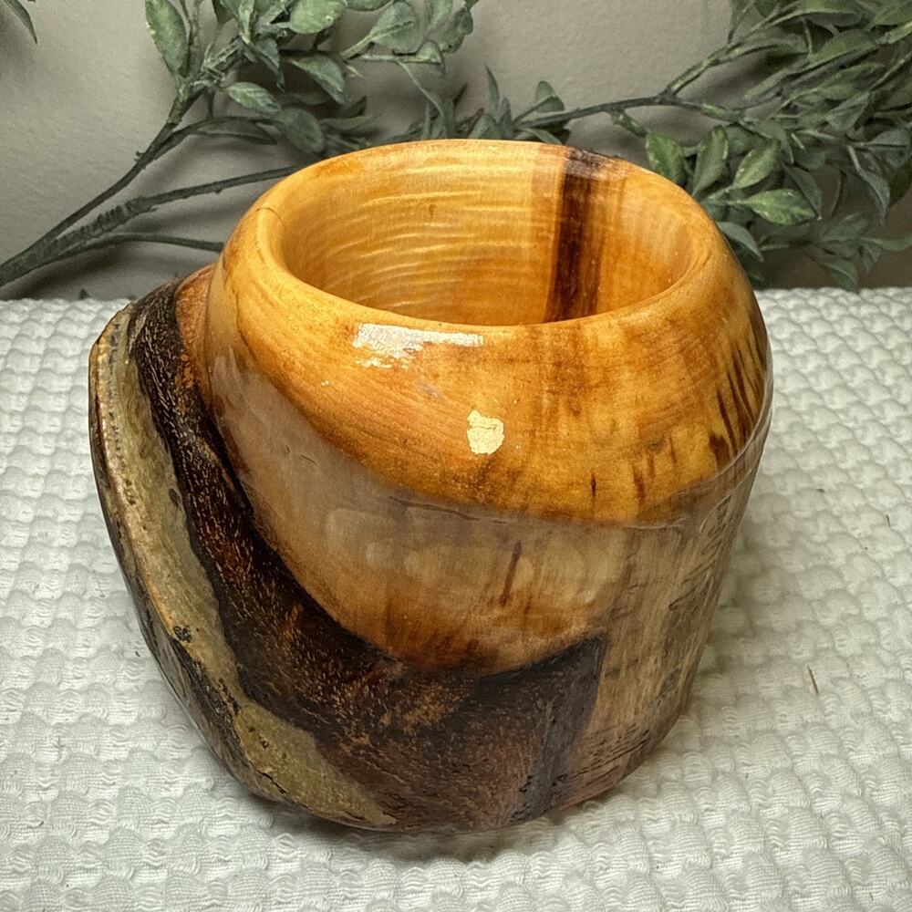 Hand Turned Natural Edge Wood Vase Studio Art Decorative Vessel Rustic 4” Vtg